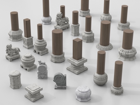 新中式柱子 木头柱子 石柱su模型