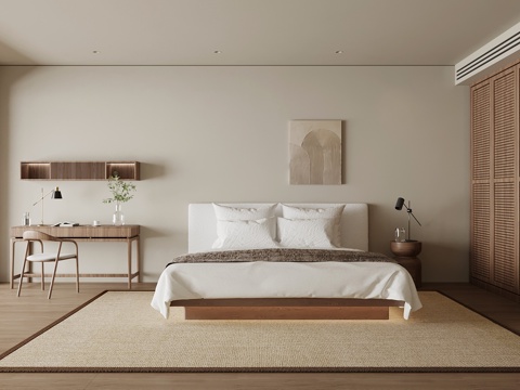 侘寂风卧室 民宿 双人床 衣柜su模型