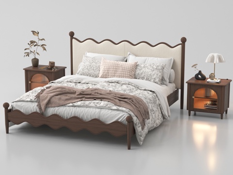 中古风双人床 床头柜 台灯 摆件 床品su模型