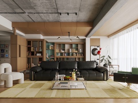 现代复古风客厅 中古风客厅 大平层 客厅书房一体3d模型