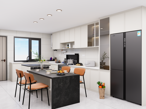 现代开放式厨房 L型厨房 岛台 餐桌 集成灶 燃气灶 水槽su模型