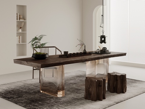 侘寂风茶桌椅 茶台 茶具su模型