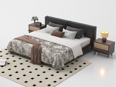  侘寂双人床 床头柜 台灯 摆件 床品3d模型 