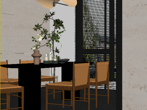 现代别墅餐厅 餐桌椅 吊灯su模型