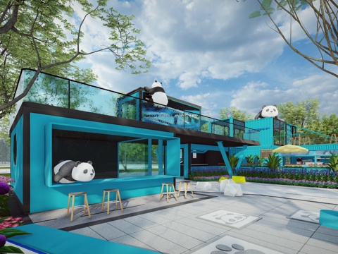 现代熊猫主题工业集装箱咖啡馆书吧茶吧快餐店su模型