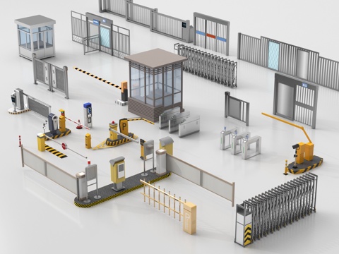  现代岗亭 道闸 伸缩门 闸门3d模型 