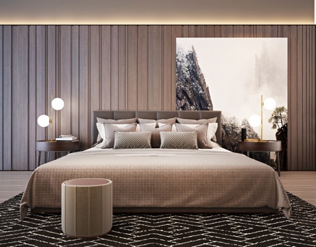  现代双人床组合 床头柜 台灯 墩子3d模型 