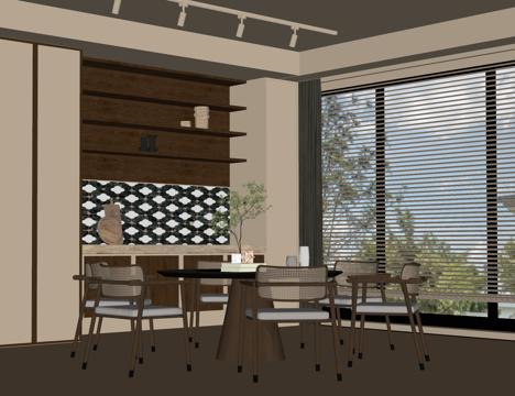 中古侘寂风餐厅 餐桌椅组合 餐边柜 吊灯 绿植摆件su模型