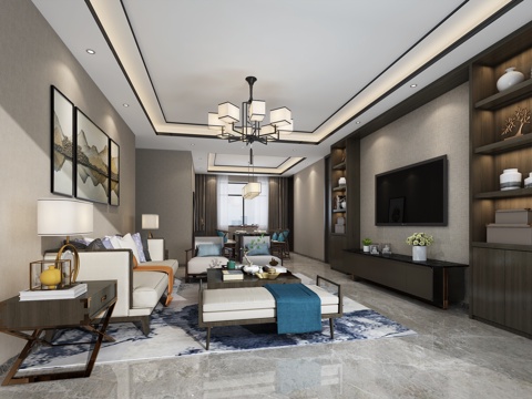  新中式客餐厅 新中式沙发组合 新中式吊灯 新中式餐桌椅组3d模型 