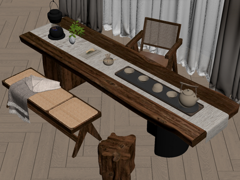 侘寂风茶桌椅 茶台 茶具su模型