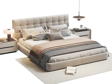  现代双人床 落地床 有床头靠背 落地床3d模型 