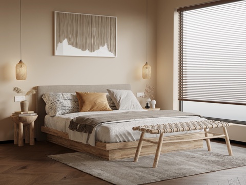 诧寂风卧室 双人床 墙裙 床头背景su模型