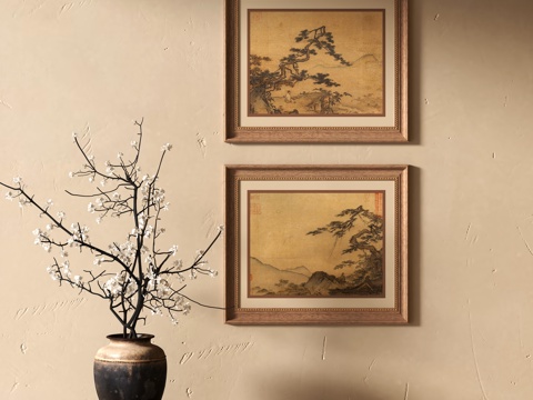 新中式装饰挂画 花瓶花艺su模型