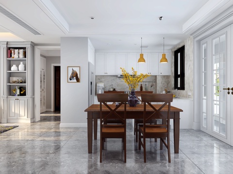  美式餐桌餐厅厨房橱柜推拉门电视柜书柜酒柜鞋柜3d模型 