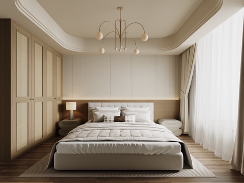 现代中古卧室 主卧 双人床 衣柜su模型