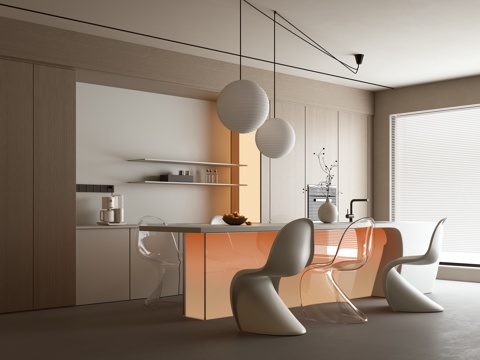 现代奶油风餐厅 中岛餐厅SU模型su模型