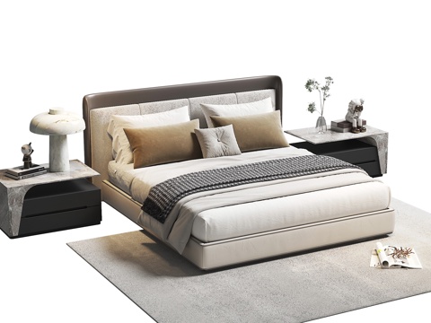  现代双人床 落地床 有床头靠背 落地床3d模型 