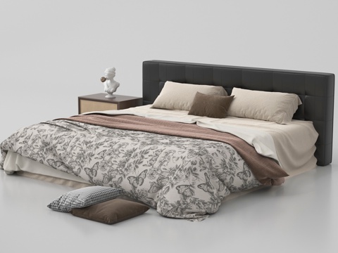  中古风双人床 床头柜 摆件 床品3d模型 