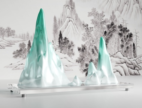 新中式假山摆件 水晶石雕塑 水景石摆件su模型