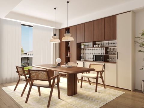 中古侘寂风餐厅 餐桌椅组合 餐边柜 吊灯 绿植摆件su模型