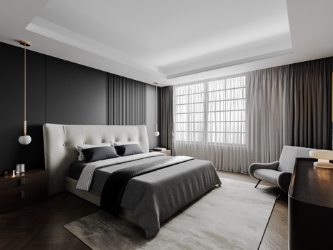 现代主卧 老人房 卧室 双人床su模型