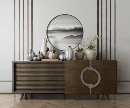  新中式边柜 装饰柜 饰品摆件组合3d模型 