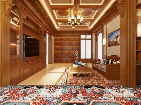 藏式 新中式 客餐厅 会客厅 沙发组合 藏式客餐厅 酒柜su模型