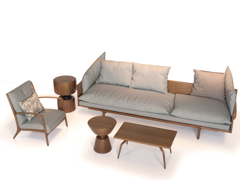 木沙发 组合沙发su模型