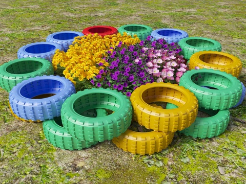 轮胎花池 轮胎花盆 轮胎树池 轮胎花卉 花卉 盆栽 花朵su模型