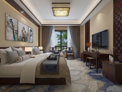  新中式酒店客房标间 床 床头柜3d模型 