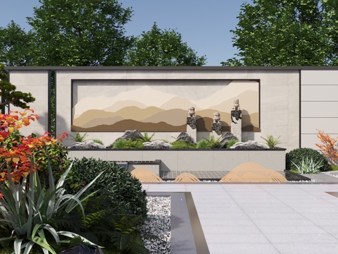  新中式庭院景观 围墙景墙 片岩山石景墙 拴马柱 金属山造型景3d模型 