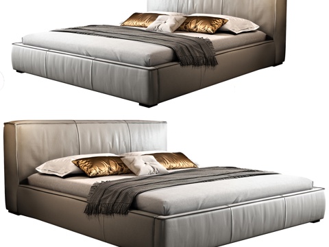  现代床 意式极简床 双人床 豆腐块床 落地床 真皮床3d模型 