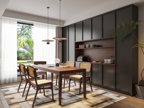 中古侘寂风餐厅 餐桌椅组合 餐边柜 吊灯 绿植摆件su模型