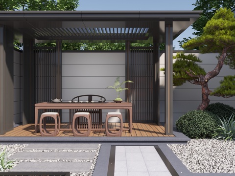  新中式庭院景观 围墙景墙 凉亭茶亭 茶桌椅组合3d模型 