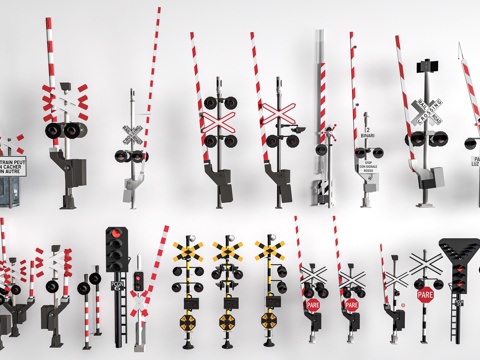 现代火车信号灯 火车红绿灯 铁轨道闸 铁轨警示牌su模型