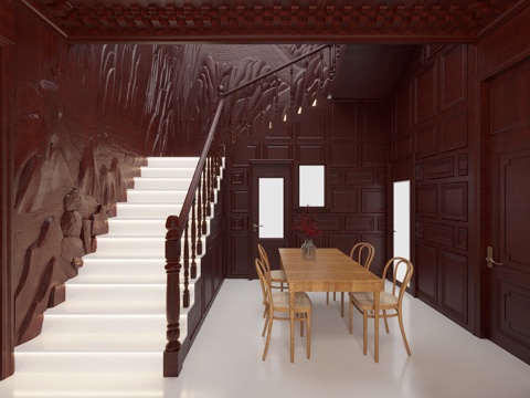 藏式 新中式 客餐厅 雕刻 壁画 楼梯扶手 造型su模型