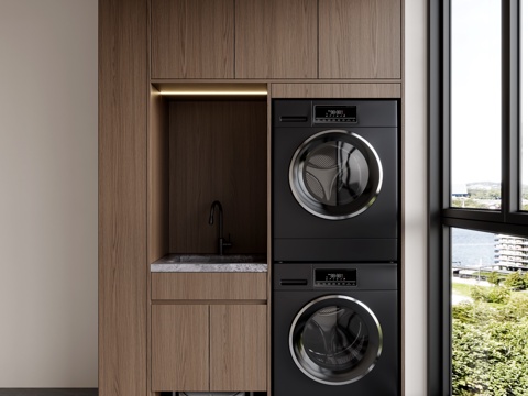 现代意式阳台洗衣机柜 阳台扫地机器人柜 阳台柜洗衣池 家政柜su模型