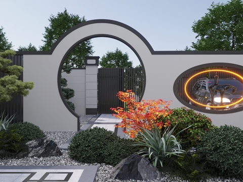  新中式庭院景观 围墙景墙 月洞门 对景漏景 庭院入户门 植物3d模型 