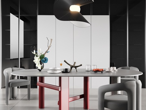 现代极简餐厅 餐桌椅组合su模型