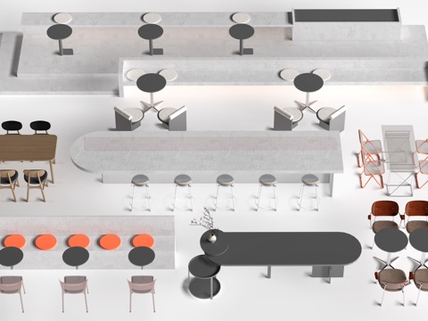 现代咖啡厅桌椅 奶茶店桌椅 台阶桌椅 卡座su模型