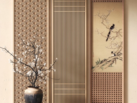 新中式装饰挂画 花瓶花艺su模型