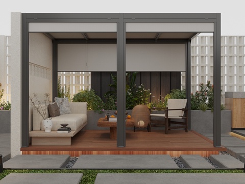  现代庭院花园 阳光房 铝合金亭子 双人沙发 单人休闲椅 阳光3d模型 