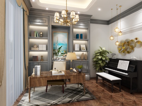  简欧欧式书房 简欧书房 书桌椅 钢琴 吊灯 装饰品 地毯3d模型 
