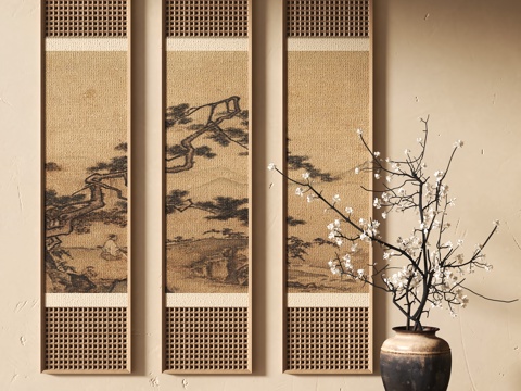 中式装饰挂画 花瓶花艺su模型