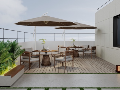  现代屋顶花园 餐饮外摆 一桌四椅 柚木餐桌椅 柚木长凳 遮阳3d模型 