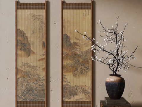 中式装饰挂画 花瓶花艺su模型