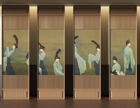 中式屏风隔断 仕女图su模型