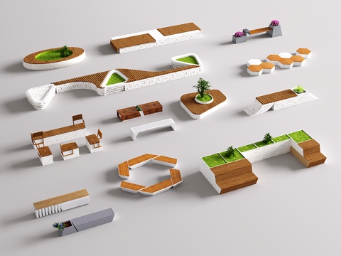  现代休闲长凳 庭院卡座 景观座椅 公共长凳 生态座椅3d模型 
