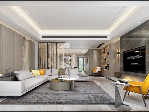  现代客厅3D模型 沙发茶几 书柜 餐桌 吊灯 壁灯3d模型 