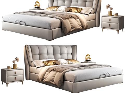  现代床 意式极简床 双人床 象耳朵床 落地床 真皮床 白色床3d模型 